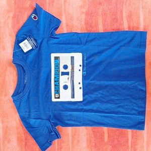 📻 Champion blue boys t-shirt. Size S (8). Retro cassette tape design. NWT.